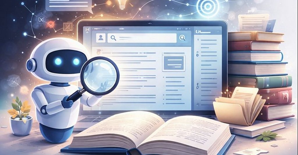 Bildliche Darstellung von KI in der Literaturrecherche, ein Roboter mit einer Lupe vor einem Laptop und Büchern