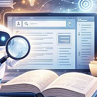 Bildliche Darstellung von KI in der Literaturrecherche, ein Roboter mit einer Lupe vor einem Laptop und Büchern