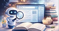 Bildliche Darstellung von KI in der Literaturrecherche, ein Roboter mit einer Lupe vor einem Laptop und Büchern