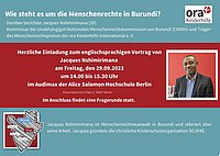 The picture shows the official flyer of the event. In the center right is a photo of the speaker, in the bottom left is a map of Burundi. The colors are blue and red, the font is white.