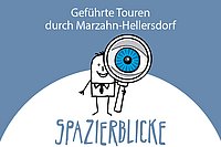 Das Bild zeigt das Spazierblicke-Logo, ein kleiner Cartoon-Mensch, der eine große Lupe in der hand hält. Das Design ist weiß und blau.