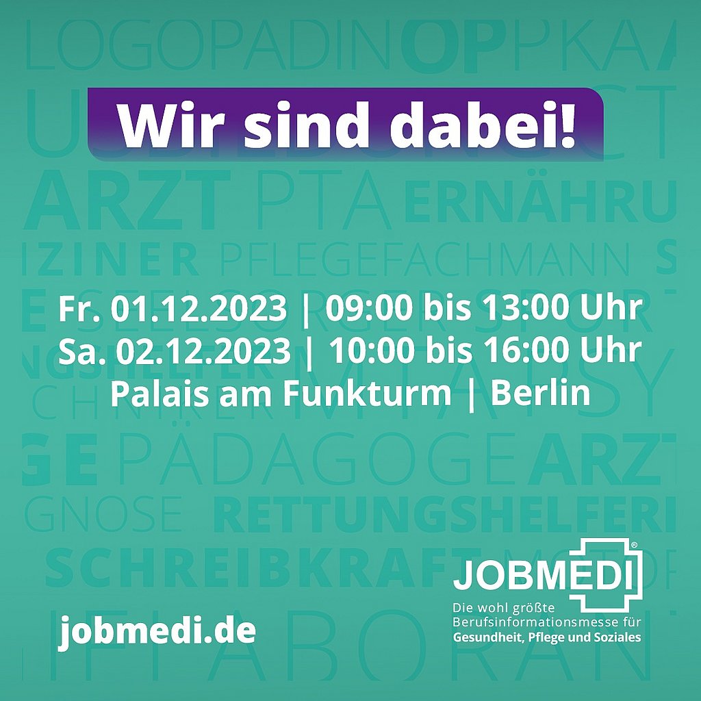 Plakat für die Messe JOBMEDI, überschrieben mit "Wir sind dabei!", darunter die Daten der Veranstaltung.