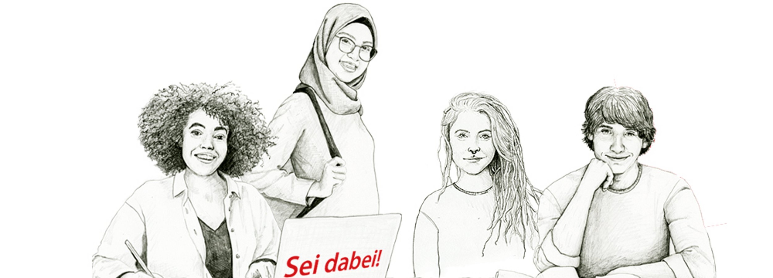 Banner für den Studieninfotag - Bild mit Zeichnungen von vier Studierenden