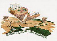Aquarell ›Die Region Kreuzberg-Hellersdorf-Ostbrandenburg‹, 2025. c/o Zwischenräume