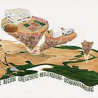 Aquarell ›Die Region Kreuzberg-Hellersdorf-Ostbrandenburg‹, 2025. c/o Zwischenräume