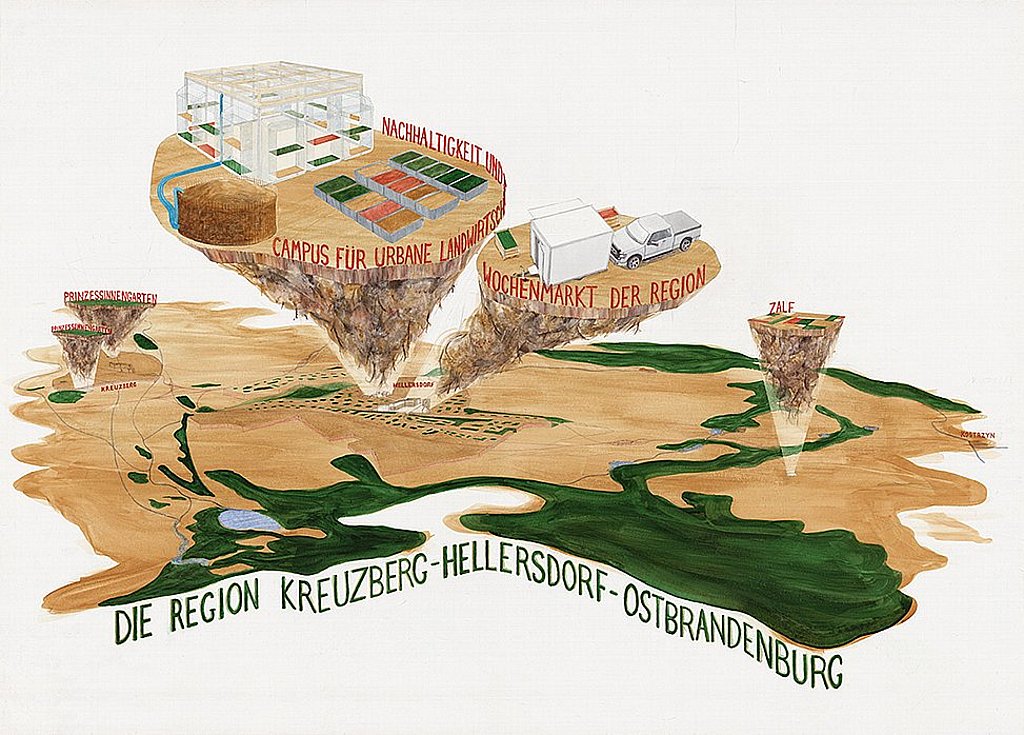 Aquarell ›Die Region Kreuzberg-Hellersdorf-Ostbrandenburg‹, 2025. c/o Zwischenräume