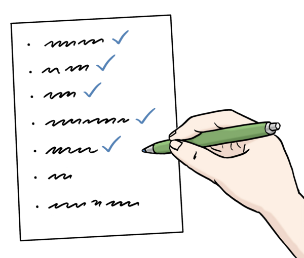Zeichnung: ein Liste. Eine Hand hakt mit einem Stift auf der Liste Dinge ab