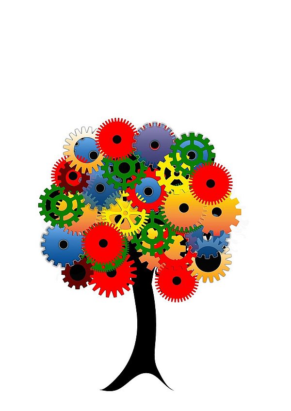 Illustration von einem Baum mit einer Baumkrone aus Zahnrädern