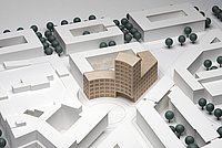 Das preisgekrönte Modell des Architekturwettbewerbs der ASH Berlin. Ein Entwurf der Berliner BHBVT Gesellschaft von Architekten mbH und Stefan Bernard Landschaftsarchitekten. 