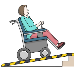 Zeichnung: Rampe, auf der ein Rollstuhlfahrer hinauffährt