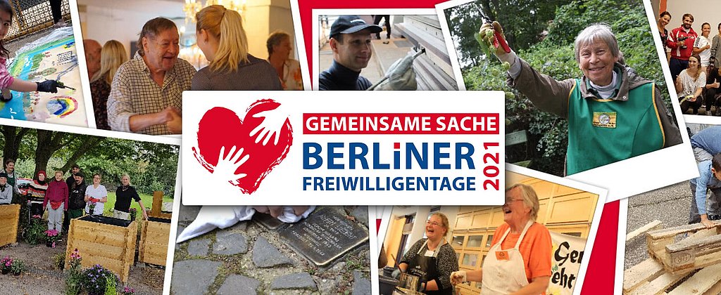 Logo der Berliner Freiwilligentage, dahinter Bilder engagierter Menschen