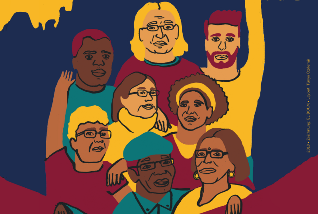 Filmplakat "Zusammen haben wir eine Chance" mit bunter Zeichnung von einer Gruppe People of Colour