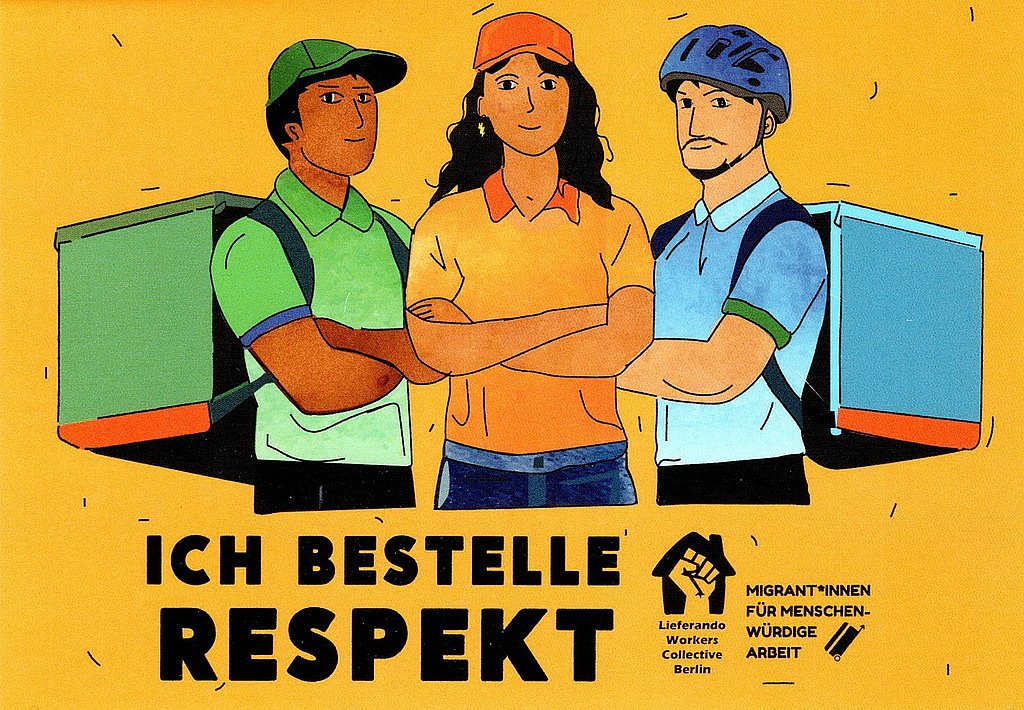 Drei gezeichnete Rider stehen mit verschränkten Armen vor orangenem Hintergrund. Darunter der Slogan: "Ich bestelle Respekt"