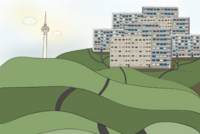 Das digital gezeichnete Bild zeigt stilisierte Plattenbauten hinter grünen Hügeln, über die sich ein Weg schlängelt. Im Hintergrund ist der Berliner Fernsehturm zu erkennen. Am Himmel darüber schwacher Sonnenschein sowie zwei kleine Wolken. 