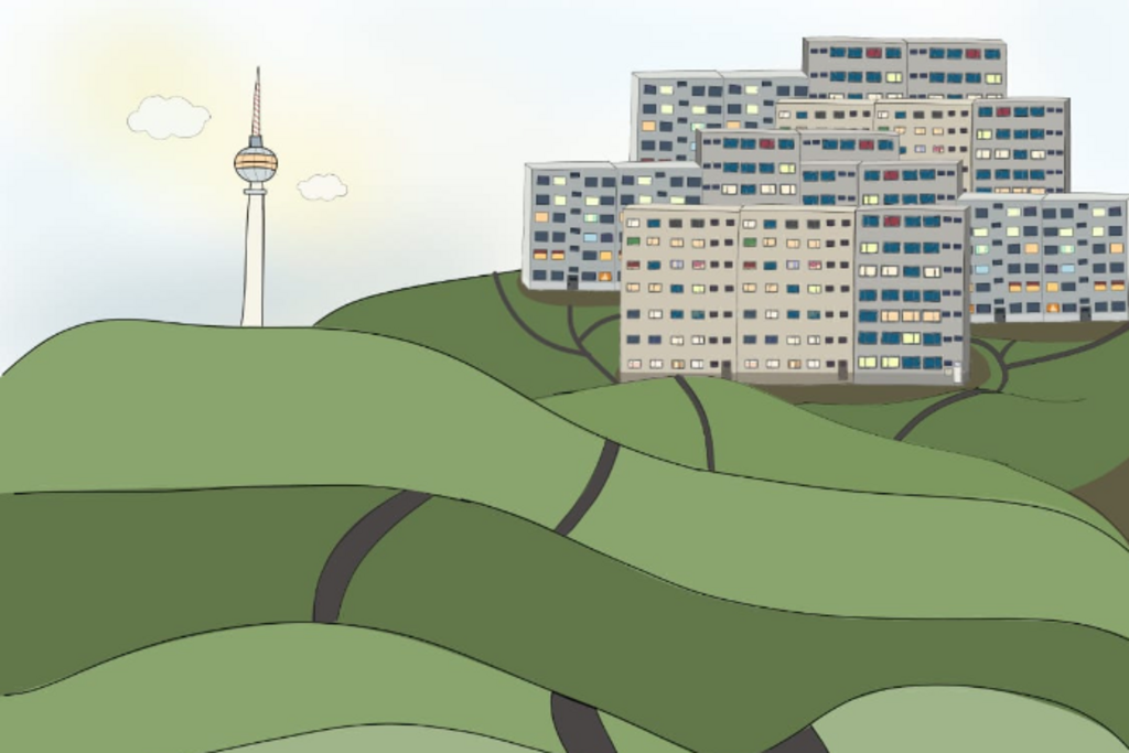 Das digital gezeichnete Bild zeigt stilisierte Plattenbauten hinter grünen Hügeln, über die sich ein Weg schlängelt. Im Hintergrund ist der Berliner Fernsehturm zu erkennen. Am Himmel darüber schwacher Sonnenschein sowie zwei kleine Wolken. 