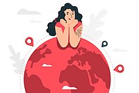 Illustration auf der eine Weltkugel dargestellt ist und eine Frau* die ihre Arme auf die Kugel gestützt hat und nachzudenken scheint wo sie als nächstes hinreist. 