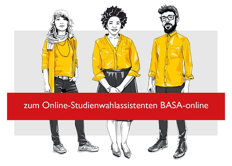 Drei illustrierte Personen, Banner "Zum Online-Studienwahlassistenten"