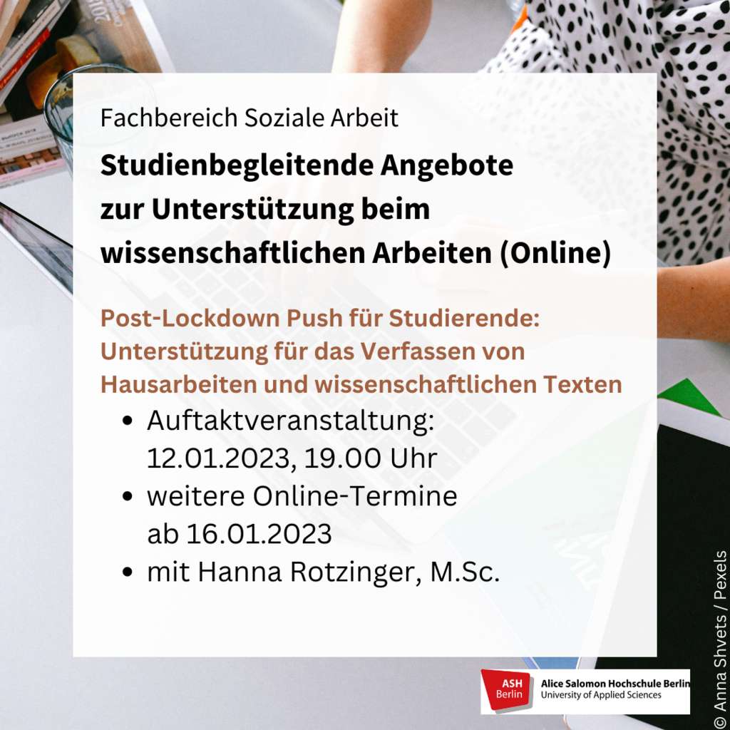 Sharepic. Vor dem Hintergrund einer am Laptop arbeitenden Person stehen Eckdaten der Veranstaltung.