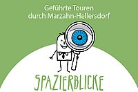 Das Bild zeigt das Spazierblicke-Logo, ein kleiner Cartoon-Mensch, der eine große Lupe in der hand hält. Das Design ist weiß und grün.