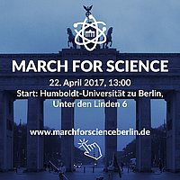 Schriftszug MARCH FOR SCIENCE 22. April 2017, 13:00 Start: Humboldt-Universität zu Berlin, UNter den Linden 6 mit Bandenburger Tor im Hintergrund