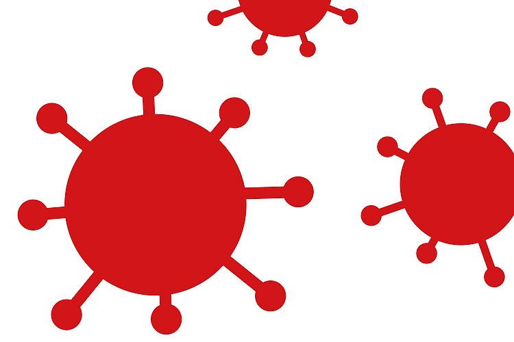 Drei rote Corona-Icons auf weißem Hintergrund