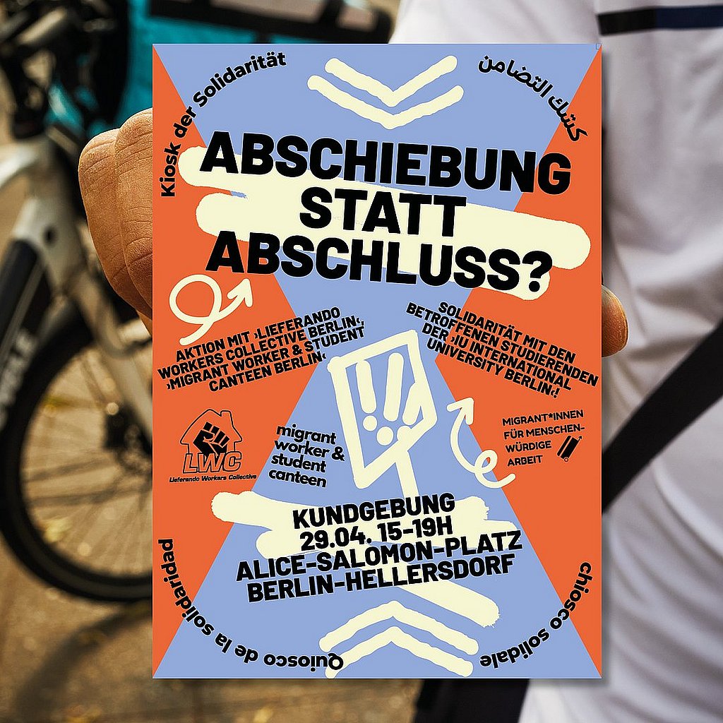 Plakat für die Kundgebung vom Kiosk of Solidarity am 29. April 2026: Abschiebung statt Abschluss?