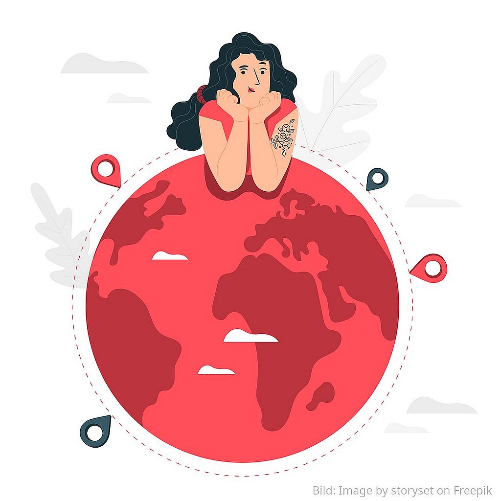 Globe in red with a person leaning on it.
