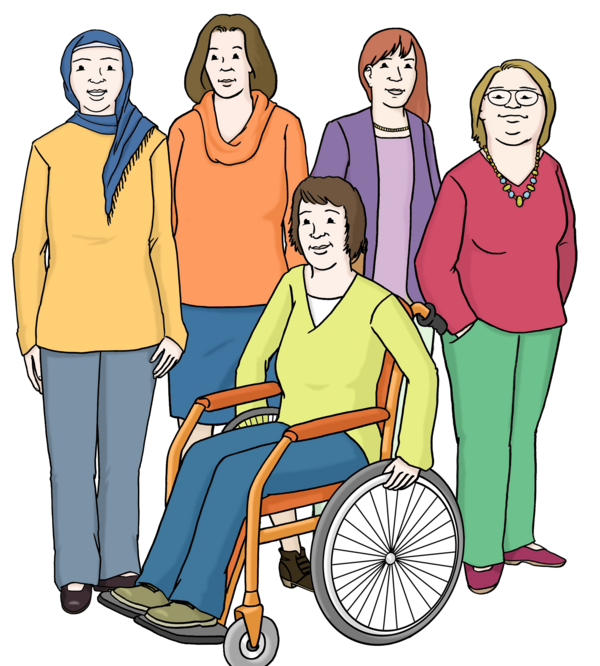 Zeichnung: eine Gruppe Frauen. Eine der Frauen sitzt im Rollstuhl.