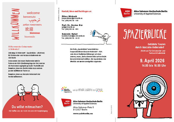 Der Flyer lädt zu den Spazierblicken ein, den geführten Touren durch Marzahn-Hellersdorf und stellt die verschiedenen Touren kurz vor.
