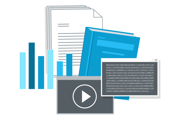 Illustration: Dargestellt sind verschiendene Arten von Forschungsergebnissen (Manuskript, Buch) und Forschungsdaten (Ergebnisse einer Datenanalyse, Code, Video) als Symbol für Open Research.