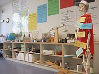 Blick in die Lernwerkstatt, Regale mit Experimentiergeräten, auf der rechten Seite ein Skelett mit Mantel und Schirmmütze.