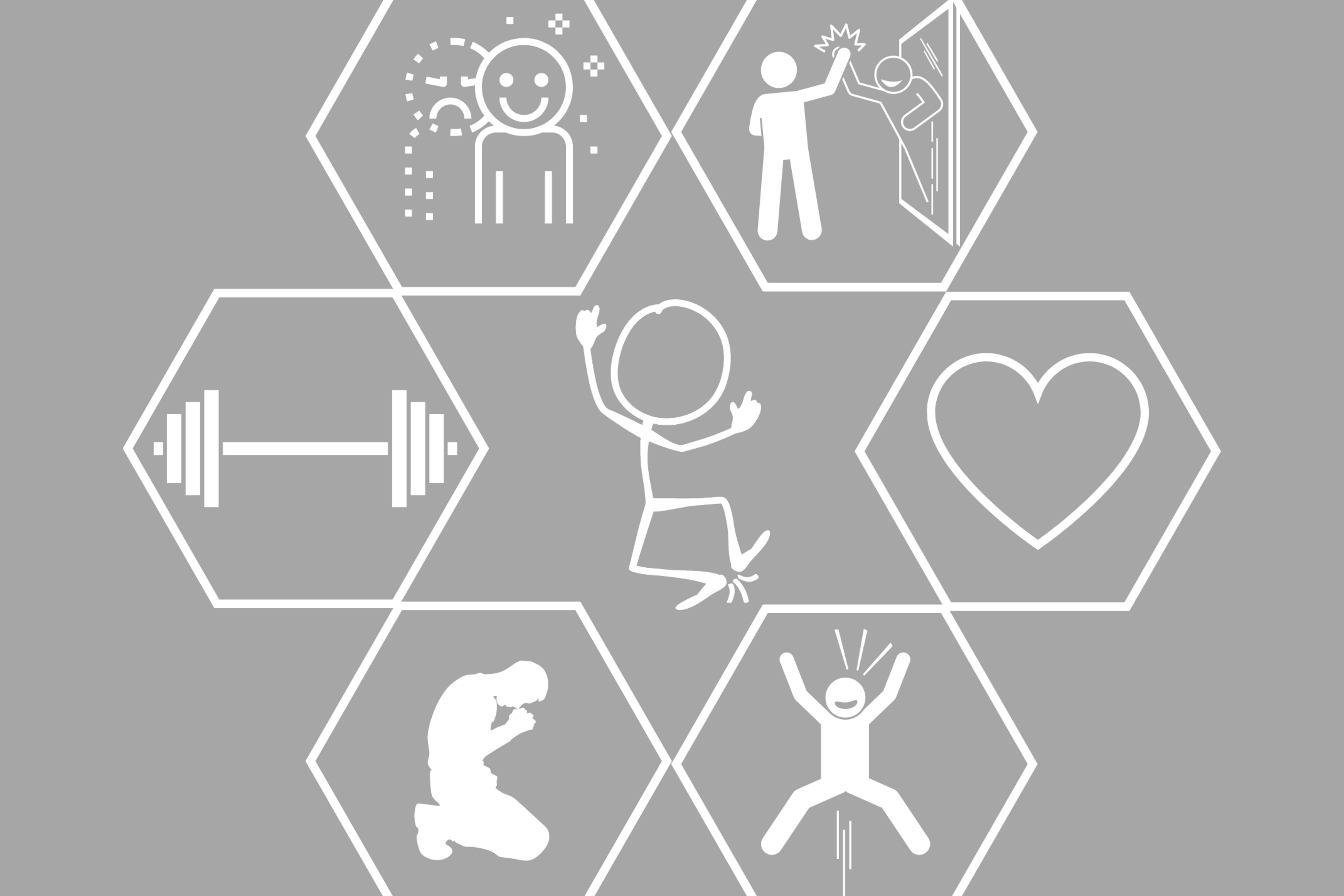 Bild mit sieben Waben, in der mittleren springt ein Zeichenmensch nach oben, in den restlichen sind Icons von positiven Aspekten