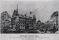 Das Bild zeigt eine alte schwarz/weiß Zeichnung des Pestalozzi-Fröbel-Hauses.