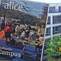 Eine Hand hält das Alice Magazin aus dem Fenster Richtung Innenhof im 3 Stock