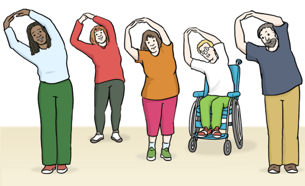 Zeichnung: Fünf Menschen machen Gymnastik, darunter ein Rollstuhlfahrer