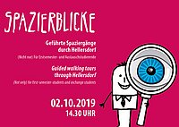 Cartoon (Mensch mit Lupe) vor pinkem Hintergrund und Textinformationen zu Zeit und Ort des Spazierblicks