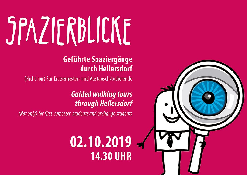 Cartoon (Mensch mit Lupe) vor pinkem Hintergrund und Textinformationen zu Zeit und Ort des Spazierblicks