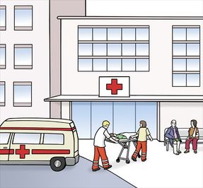 Zeichnung: vor einem Krankenhaus, Notarztwagen mit Patient und weitere Besucher