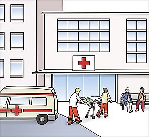 Zeichnung: vor einem Krankenhaus, Notarztwagen mit Patient und weitere Besucher