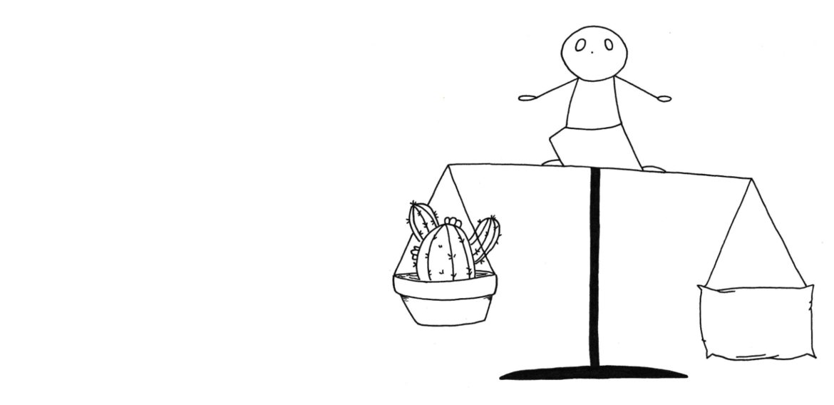 Illustration einer Strichperson auf einer Waage - links ein Kaktus, rechts ein Kissen