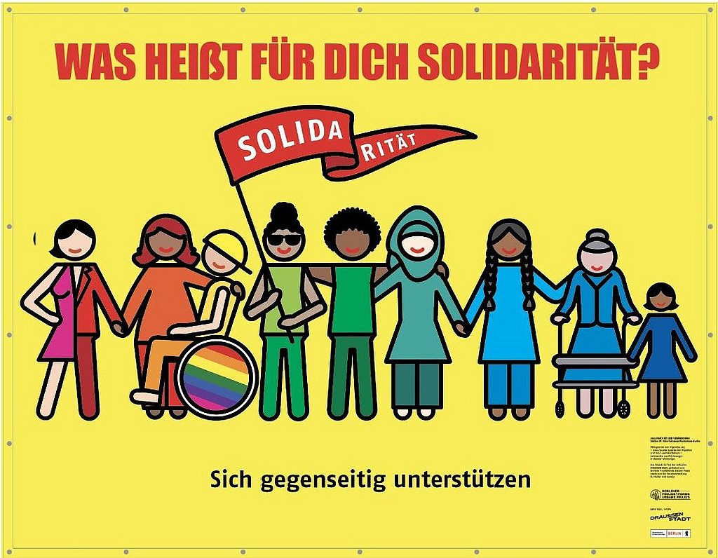 Piktogramm, welches bunte, diverse Figuren auf gelbem Hintergrund zeigt. Darüber der Schriftzug "Was heißt für dich Solidarität?" Darunter: "Sich gegenseitig unterstützen". 