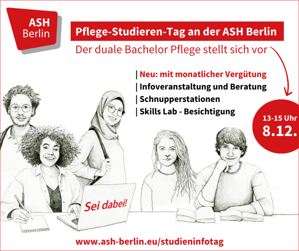 Poster for the Study-Nursing-Day with all the information about location and time. In the center is a pencil drawing of a group of young people gathered around a table.