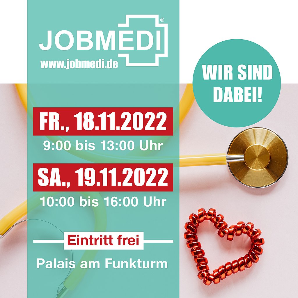 Werbebanner Jobmedi - Stethoskop und Herz auf dem Tisch liegend