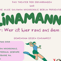 Plakat. Titel des Theaterstücks, Details zum Termin und die Figur einer fußballspielenden Frau