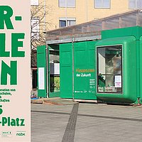 Der grüne Pavillion des Campus Transferale Projekts auf dem Alice Salomon Platz