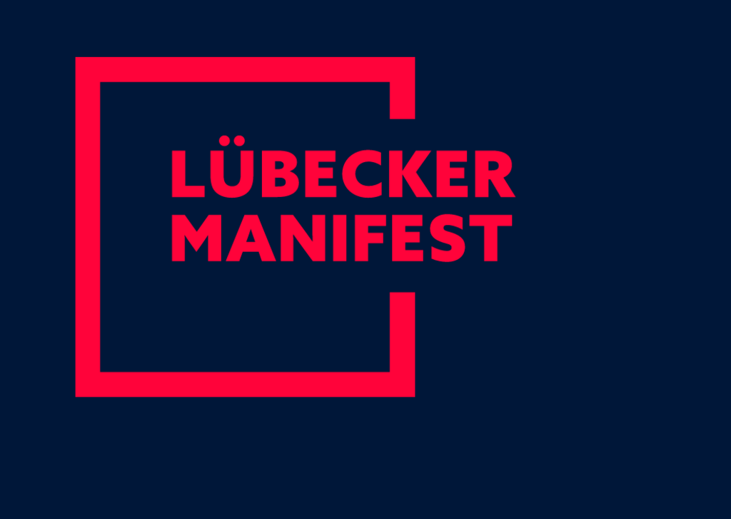 Logo des Lübecker Manifests - rot umrandetes Rechteck auf dunkelblauem Untergrund