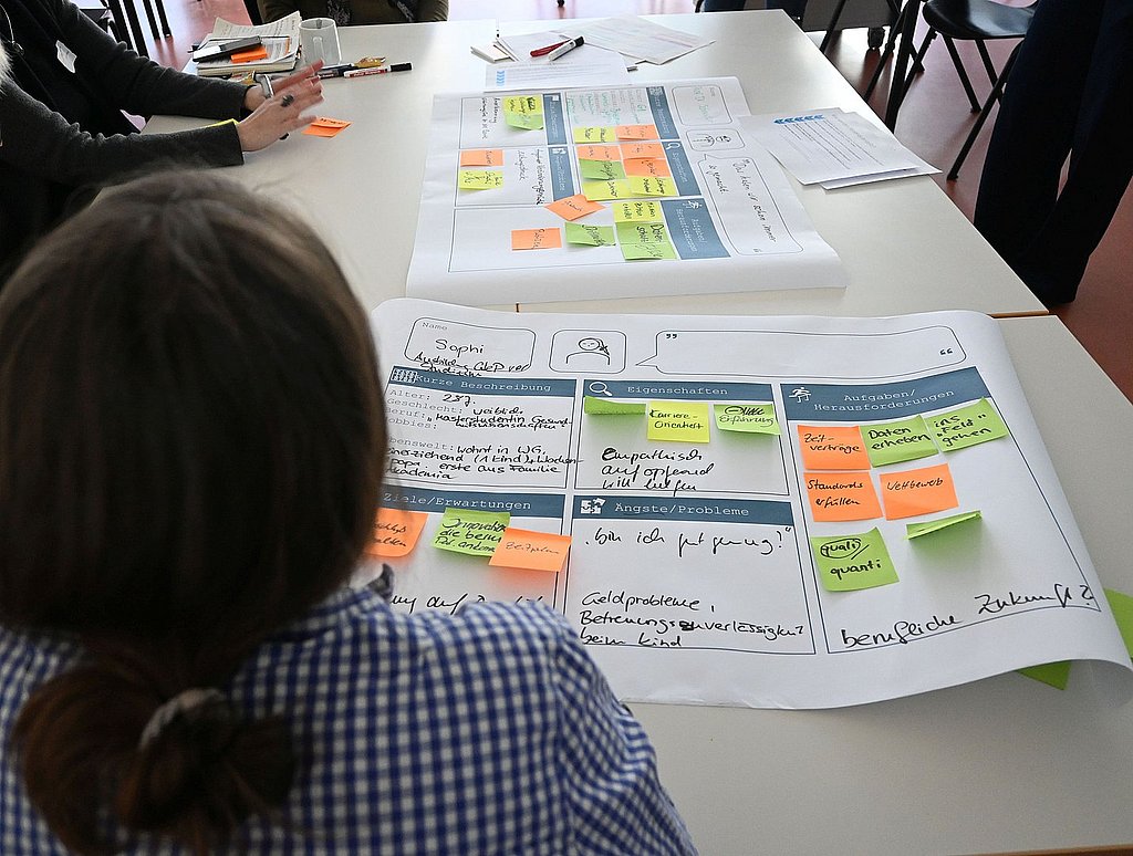 Das Foto zeigt, über die Schulter einer Person fotografiert, einen Tisch auf dem mehrere große Bögen Papier liegen. Um den Tisch sitzende Teilnehmende haben auf diesen mit Edding und Post-Its in verschiedenen Farben Gedanken zu einem Workshop festgehalten. 