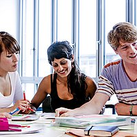 Fünf Studierende des Bachelor Studiengangs Soziale Arbeit sitzen an einem Tisch, aufgeschlagene Bücher vor sich, und unterhalten sich angeregt.