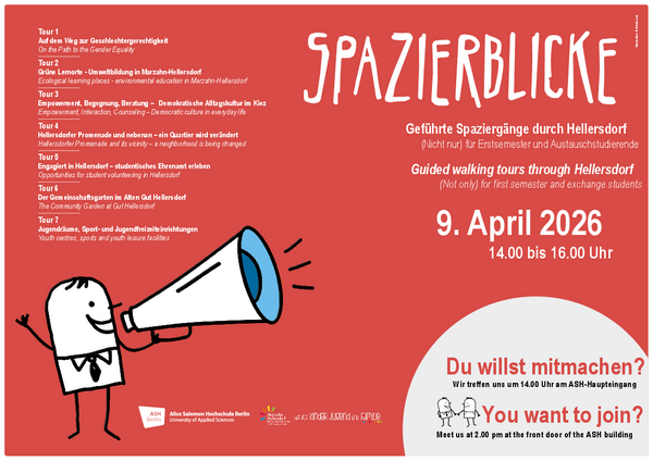 Das Poster kündigt die Spazierblicke, die geführten Touren durch Marzahn-Hellersdorf, am 9. April an. 
