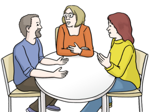 Zeichnung: Drei Menschen reden miteinander an einem Tisch